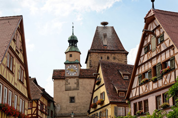 Clocktower. Architecture of the historic town Rothenburg ob der Tauber, Bavaria, Germany.