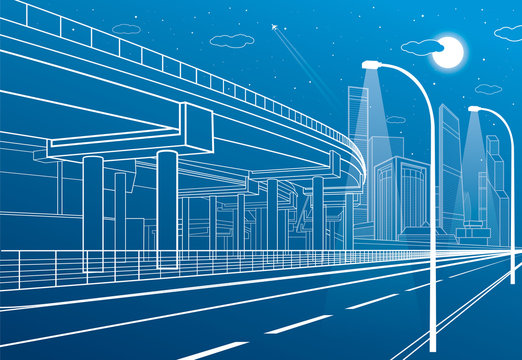 Automotive isolation, architectural and infrastructure composition, transport overpass, highway, white lines urban scene, night city on background, vector design art