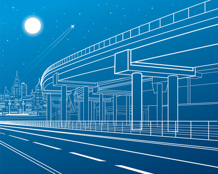 Automotive isolation, architectural and infrastructure composition, transport overpass, highway, white lines urban scene, night city on background, vector design art