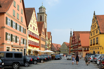 Traditional architecture in the old town of Dinkelsbuhl at sunset. It is one of the best-preserved medieval towns in Europe, part of the famous Romantic Road.