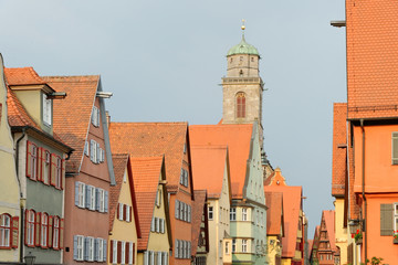 Fototapeta premium Traditional architecture in the old town of Dinkelsbuhl at sunset. It is one of the best-preserved medieval towns in Europe, part of the famous Romantic Road.
