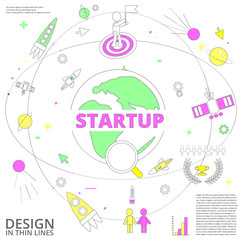 Business Technology Elements Set. Template with startup and Options. Infographic Elements. Design Layout for Business Cards, Presentations, Flyers and Posters. Flat Style. Thin Line Icons.
