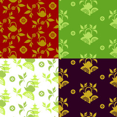 Set of green tea leaves seamless patterns.
