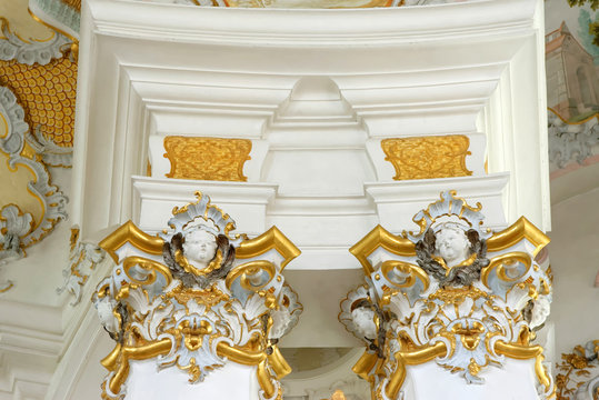 Interior detail of Wieskirche - the famous pilgrimage Church of the Scourged Saviour near Steingaden in Bavaria,Germany - an UNESCO world heritage site.