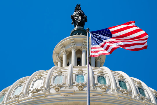 The american flag waving in front of the Capitol dome in Washing