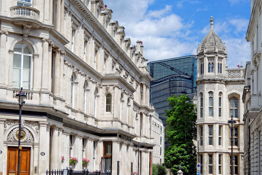 Carey street in central London, with Nights Templar bar to the left, former Union Bank of London Limited. The building is from the Second Empire architecture.