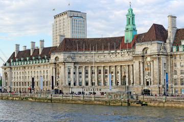 Naklejka na ściany i meble View of London County Hall and Aquarium. The Aquarium is located on ground floor of County Hall on South Bank of River Thames and hosts about one million visitors per year.
