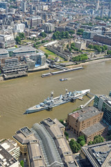 Aerial view of HMS Belfast and Thames river in London, UK