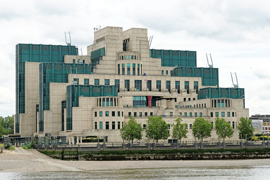 The Secret Intelligence Service building, known as MI6, featured in a James Bond film and located on the bank of the River Thames beside Vauxhall Bridge.