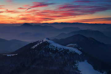 Fototapeta na wymiar Winter mountains landscape at sunrise