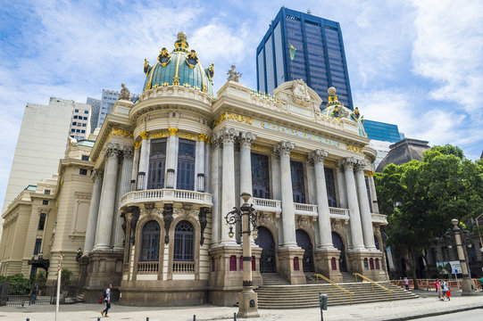 The Municipal Theatre, built in an Art Nouveau style inspired by the Paris Opera, was completed in 1909 in downtown Rio de Janeiro, Brazil