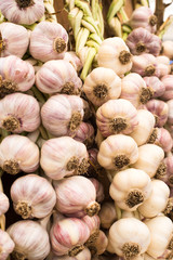 stack of white purple garlic bulbs