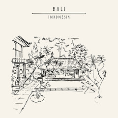 Bali museum in Denpasar, capital of Bali province, Indonesia, Southeast Asia.  Traditional Balinese architecture. Hand drawing. Travel sketch. Book illustration, postcard or poster