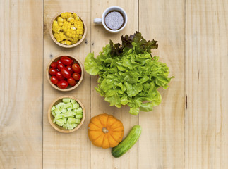 Diet food concept, healthy life style, fresh vegetable salad on wood background