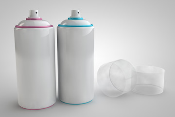 Spray can on light background. 3D render cans.