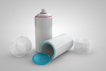 Spray can on light background. 3D render cans.