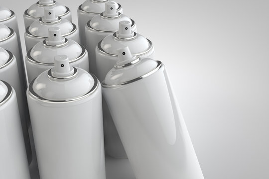 Spray can on light background. 3D render cans.