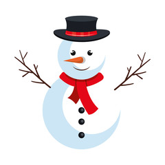 snowman cartoon with red scarf and black hat. christmas symbol. vector illustration
