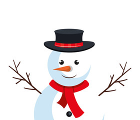 snowman cartoon with red scarf and black hat. christmas symbol. vector illustration