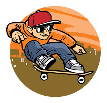 cartoon man doing skateboard jump trick
