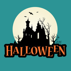 Halloween logo text with haunted mansion. Editable vector design. - 120305133