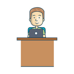 avatar man cartoon working with laptop. office desk. vector illustration