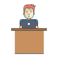 avatar man cartoon working with laptop. office desk. vector illustration