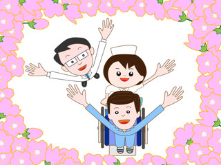満開の桜の中を散歩する入院患者