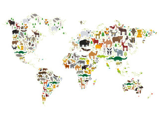 Cartoon animal world map for children and kids, Animals from all over the world on white background. Vector