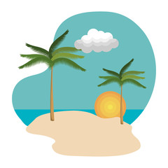 beach landscape sea sun and sand with palms and cloud. vector illustration