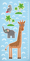 Giraffe parrot bird and palms on blue background Children height meter wall sticker. Vector