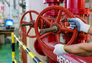 the water sprinkler system control, fire fighting pipeline, red - obrazy, fototapety, plakaty