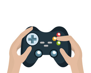 hand holding a control player videogame with navigation buttons and joystick. vector illustration