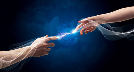 Hands connecting through fingers in space