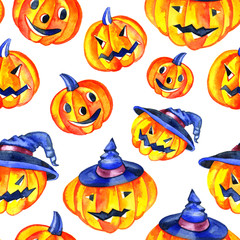 Watercolor pumpkins. Jack-o'-lanterns with happy faces. seamless pattern.