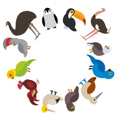 Cute Cartoon birds set - gannet penguin ostrich toucan parrot eagle booby cock, round frame on white background, card design, banner for text. Vector