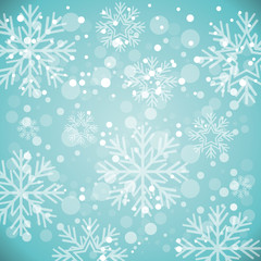 blue background with white snowflakes and blurred lights wallpaper. vector illustration