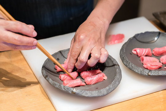 slices of sashimi, fatty tuna
