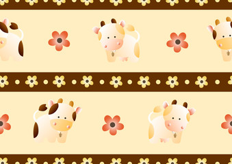 baby seamless pattern with a funny cute farm cows and bulls, on a light beige background. Hand drawn vector stock illustration