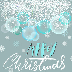 Naklejka na ściany i meble Merry Christmas lettering design with blue and white snowflakes. Transparant New Year Balls. EPS10