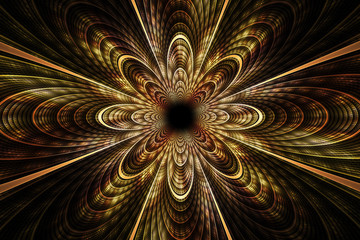 Golden tunnel. Abstract fantasy geometrical ornament on black ba