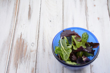 Blue Bowl of Spring Mix Salad