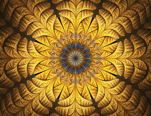 Golden flower. Abstract glowing stained glass with floral pattern on black background. Computer-generated fractal in blue, yellow, and brown colors.