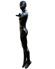 Obraz premium one young man in a super suit made of latex. Full black color. It is exactly in position for flight. His hands are placed in different directions. The view on the left