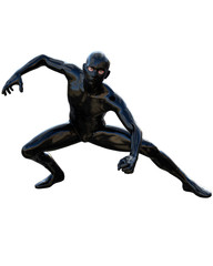 one young man in a super suit made of latex. Full black color. He is half sitting and prepares to jump. In the pose of the spider