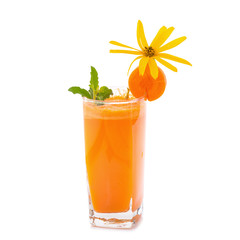 Glass of carrot juice and fresh carrots on white background