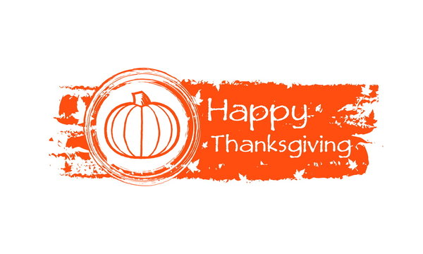 happy thanksgiving drawn banner with pumpkin and fall leaves, ve