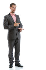 Full length suit tie businessman pointing