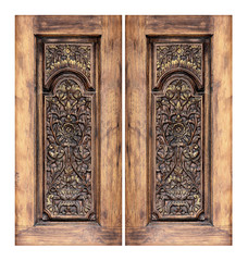 Pattern of flower carved on wooden window on white background.