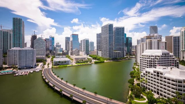 Miami, Florida, USA skyline time lapse over the bay.